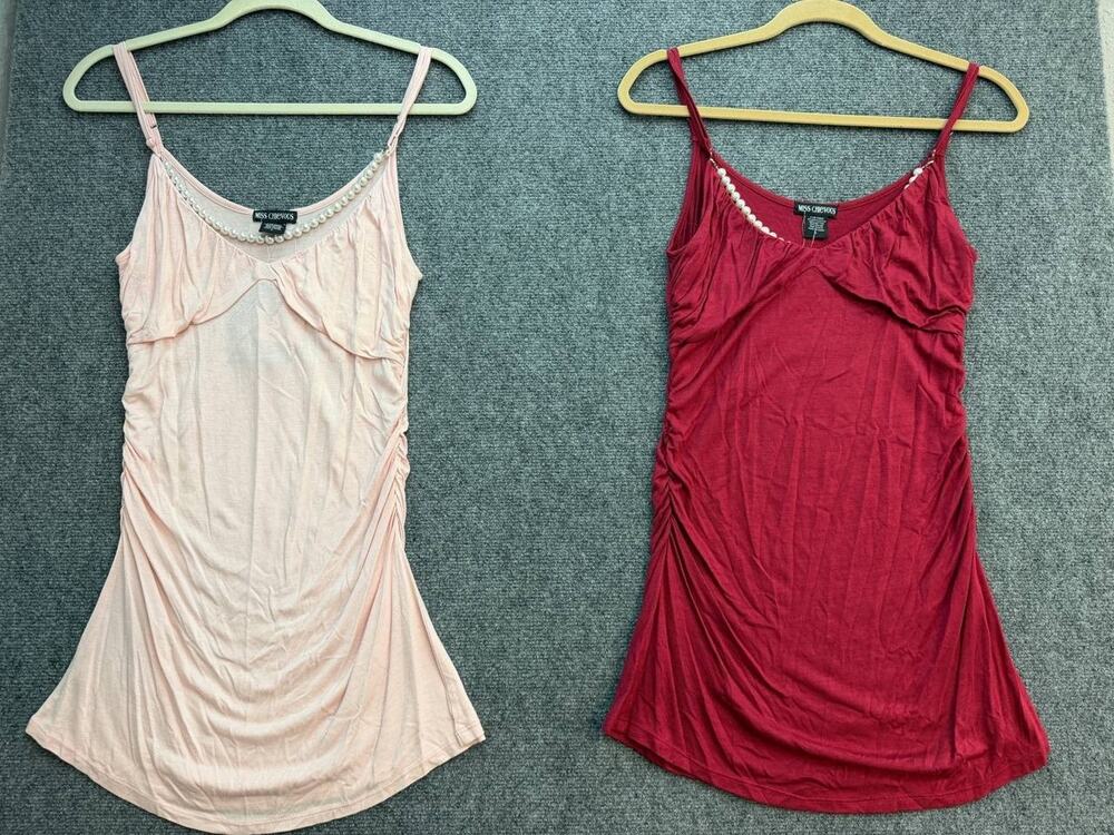Miss Chievous Women’s L Pearl Neckline Ruched Cami Tank Tops Pink Red Set